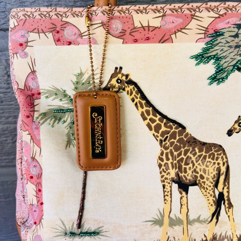 St. John's Bay Pink and Tan Giraffe Print & Beaded Canvas Tote - Picture 2 of 9